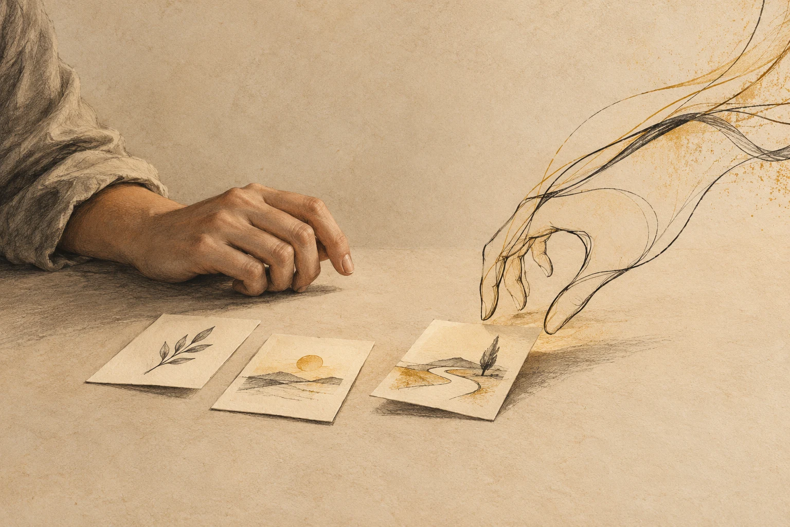 A hand and its drawn extension reach toward paper choices, suggesting the shift from recommendation to representation.