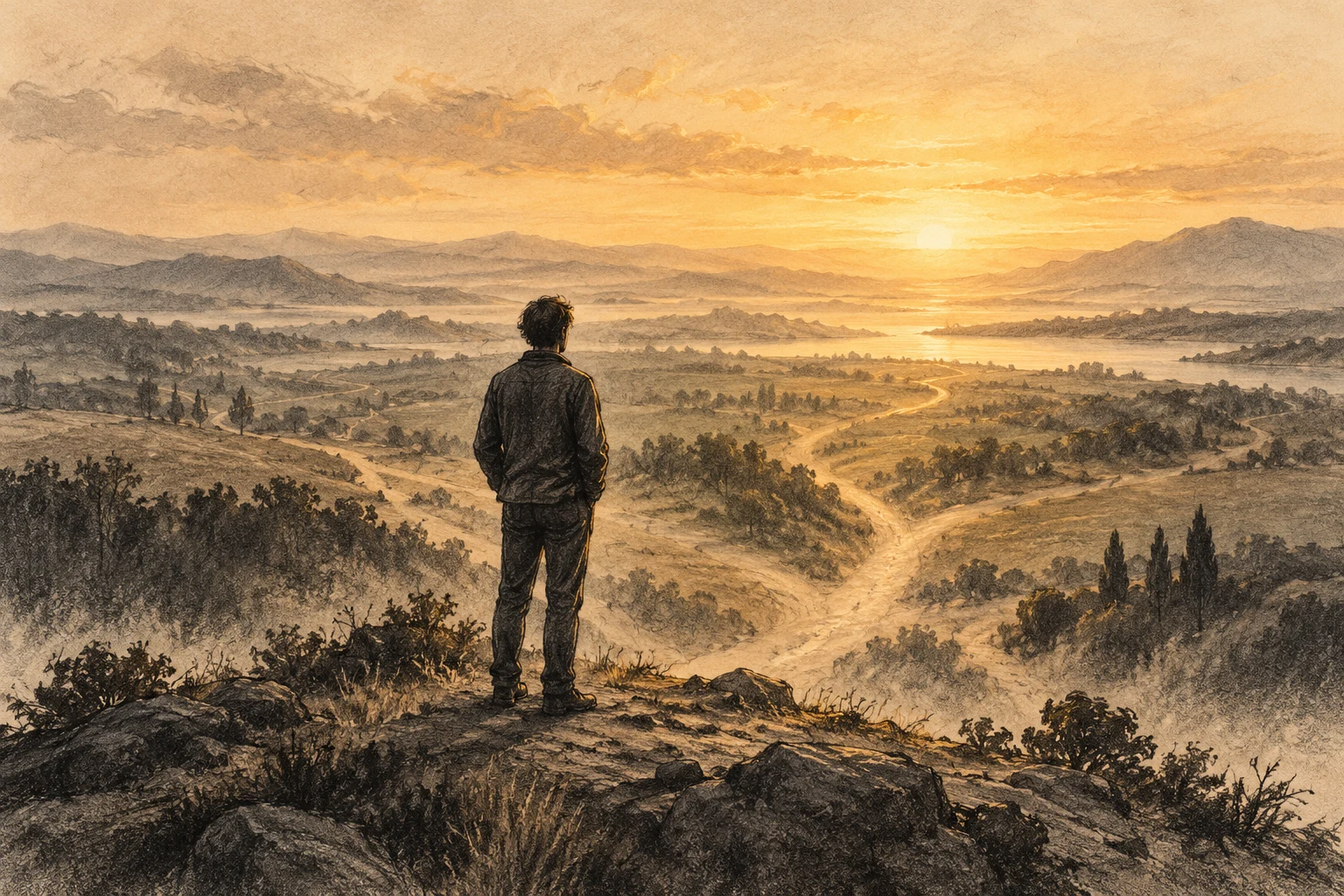 A charcoal figure looks across branching paths toward a warm, open horizon.